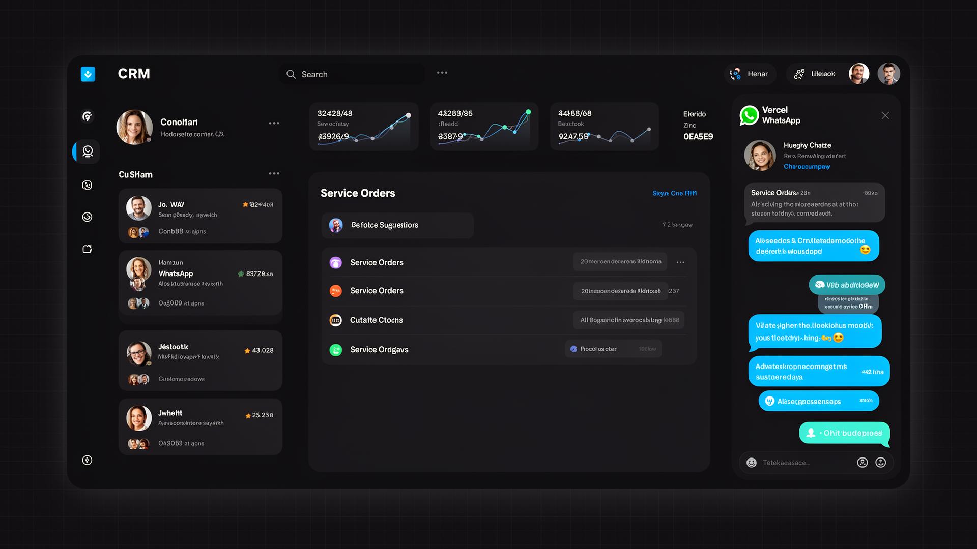 Dashboard AtendeOps com WhatsApp, CRM, ordens de serviço e financeiro